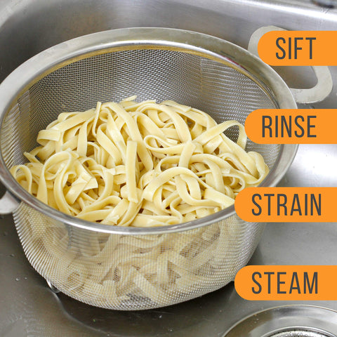 Dishwasher-safe colander ideal for quick cleanup after cooking.