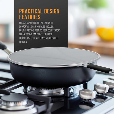 US Kitchen Supply dishwasher-safe splatter guard simplifies cleanup after frying or sautéing.