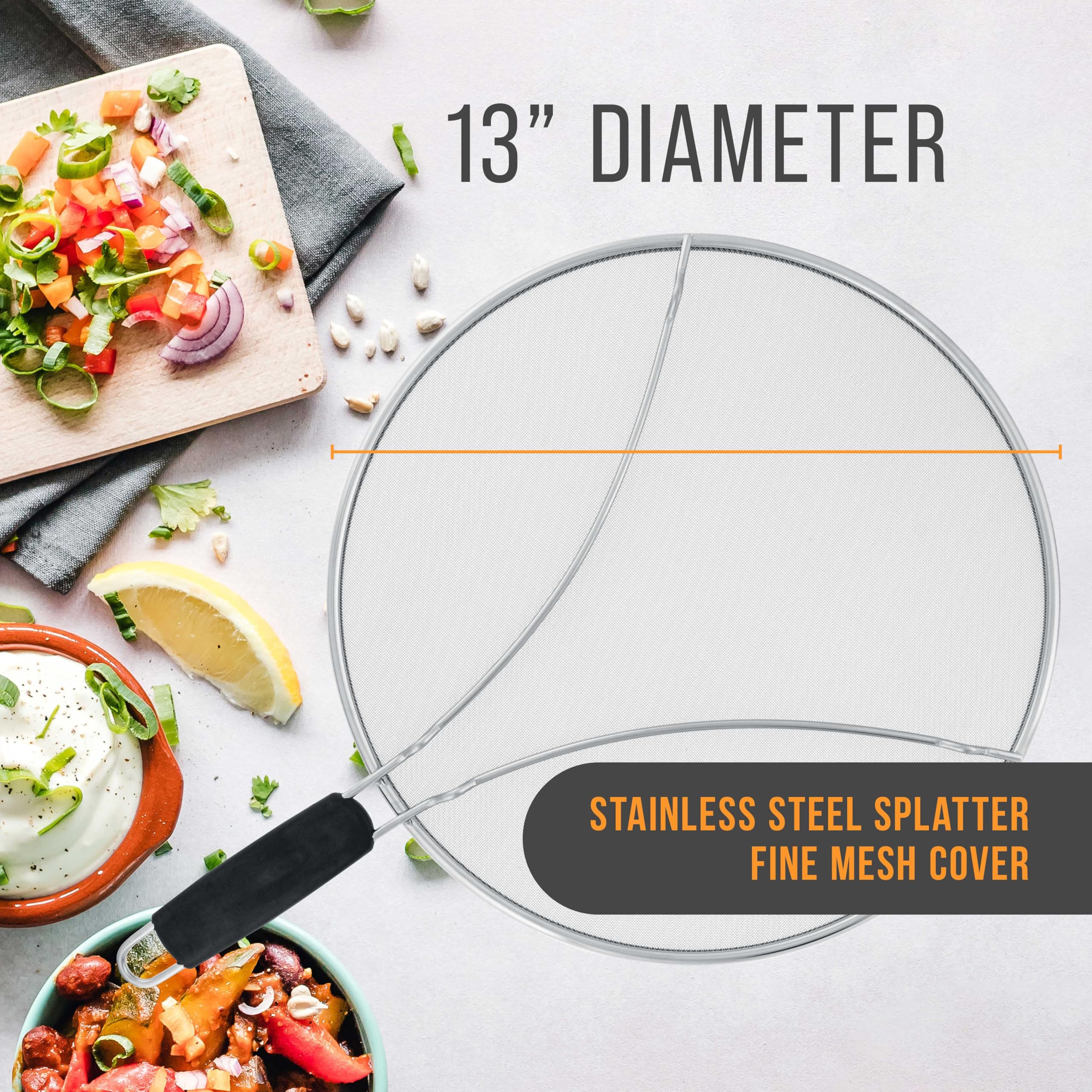 US Kitchen Supply splatter screen with comfort grip handle for easy maneuvering during cooking.