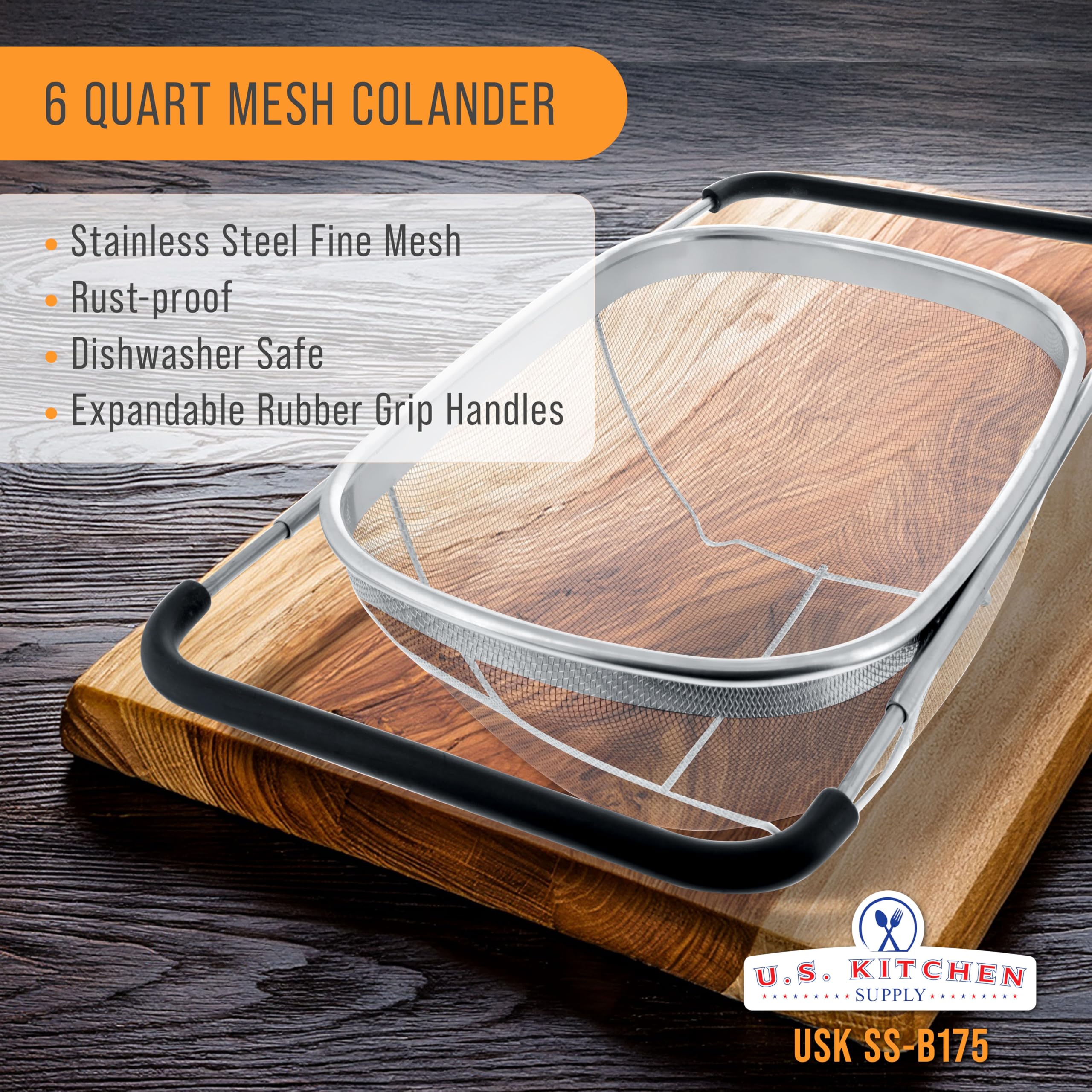 US Kitchen Supply colander with expandable handles fits most sinks for easy draining