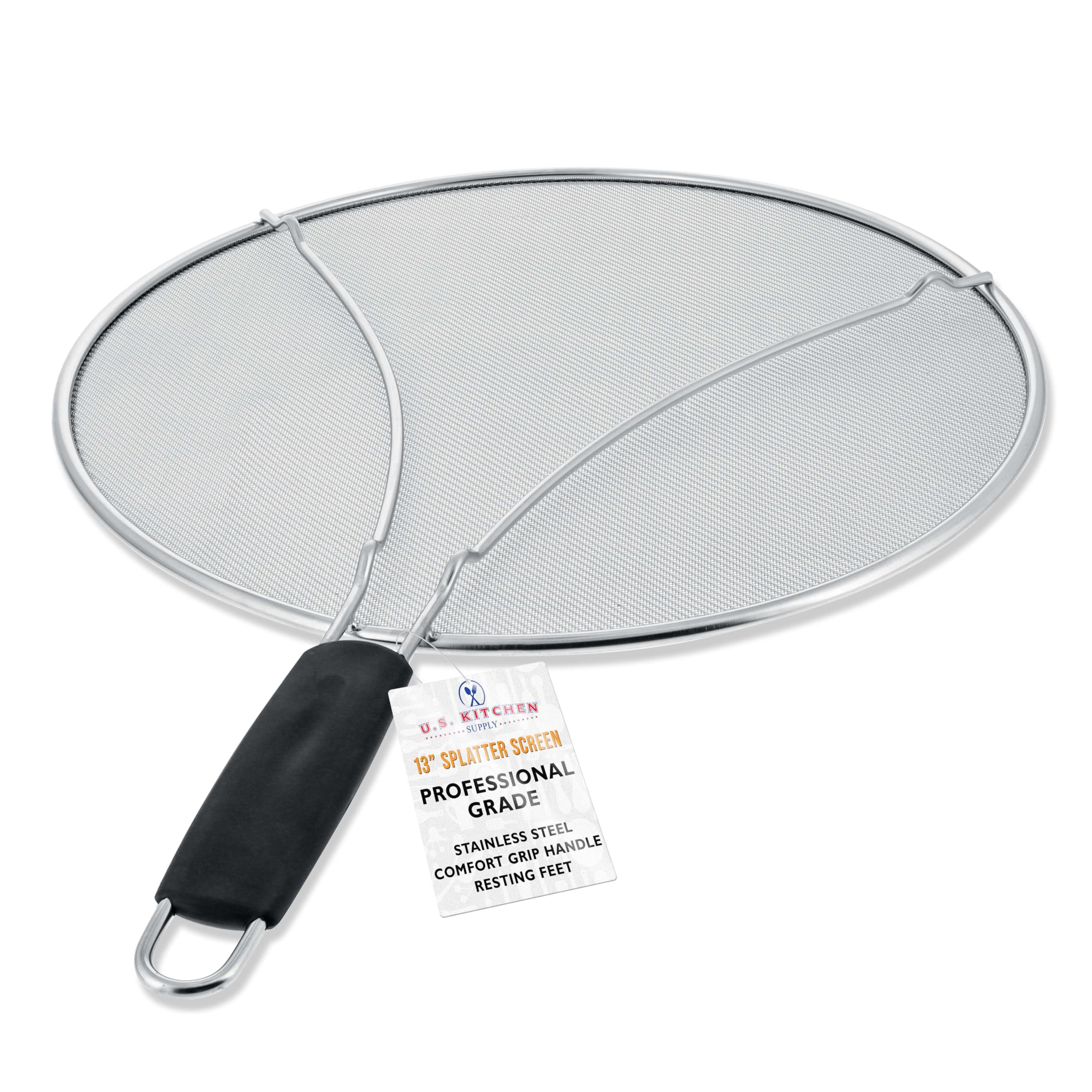 US Kitchen Supply stainless steel splatter guard with fine mesh blocks grease while allowing steam.