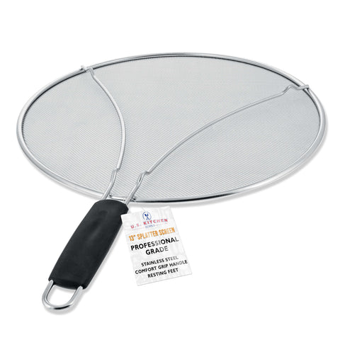 US Kitchen Supply stainless steel splatter guard with fine mesh blocks grease while allowing steam.