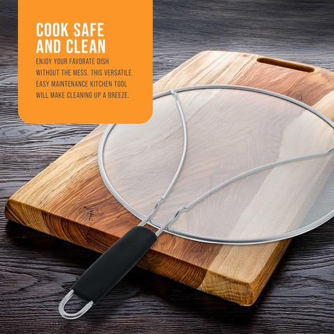 US Kitchen Supply stainless steel screen keeps kitchen surfaces cleaner during deep frying.