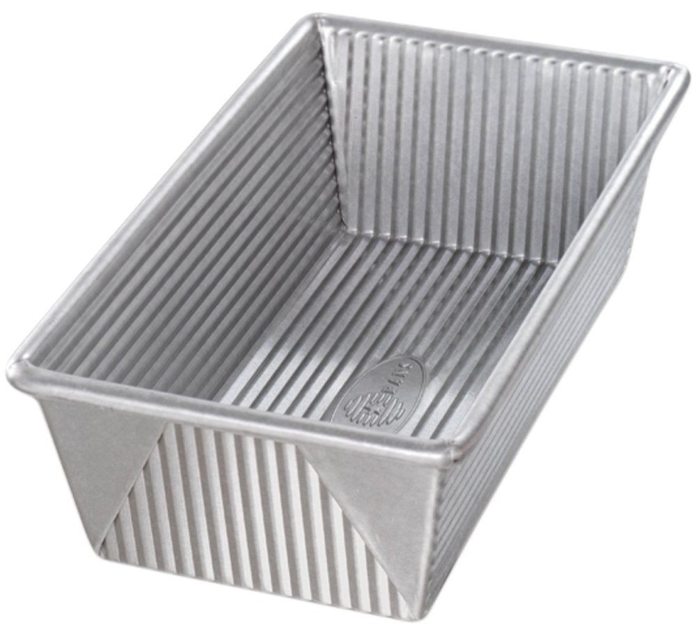 USA Pan 1145LF loaf pan top view, durable aluminized steel for even baking.