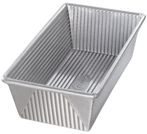 USA Pan 1145LF loaf pan top view, durable aluminized steel for even baking.