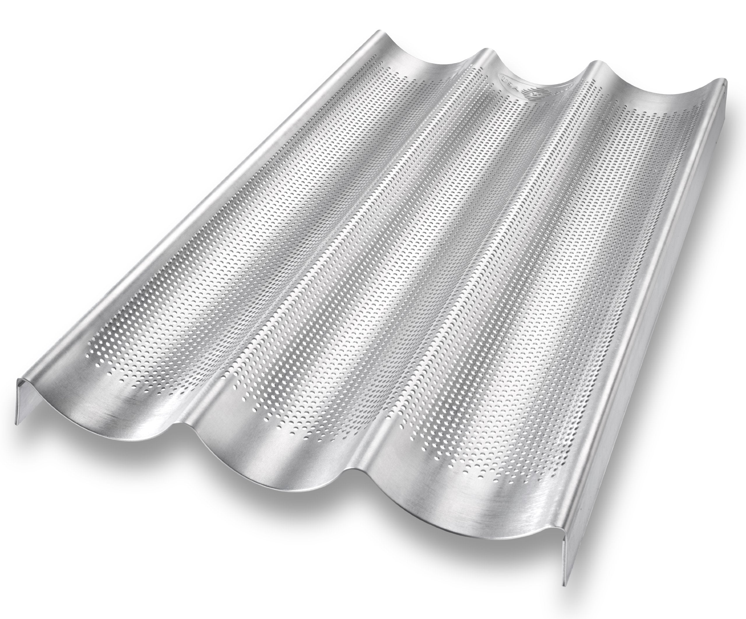 USA Pan baguette bakeware with perforated bottom for crisp crusts and even baking.