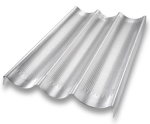 USA Pan baguette bakeware with perforated bottom for crisp crusts and even baking.