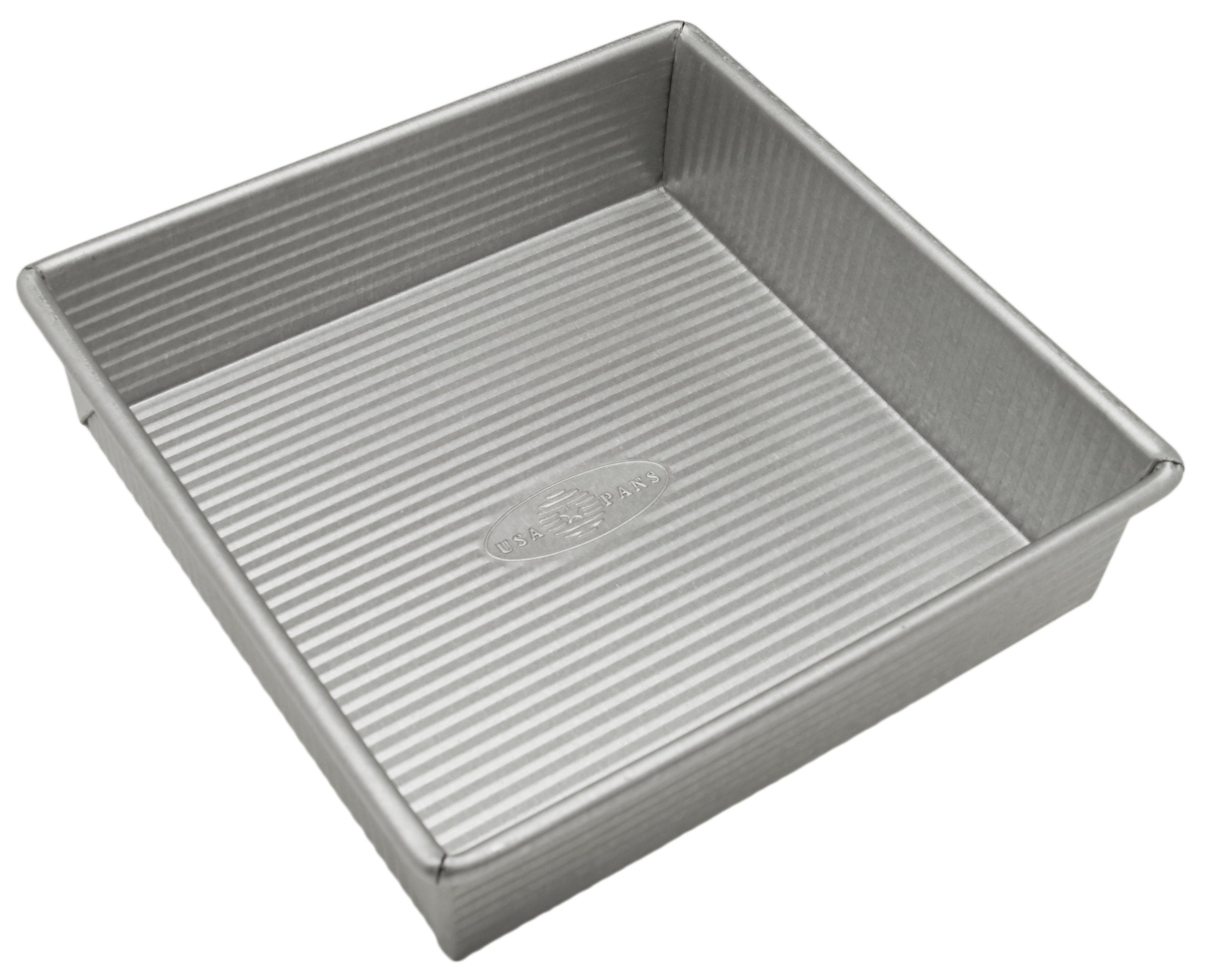 USA Pan square 8-inch cake pan top view highlighting even browning potential