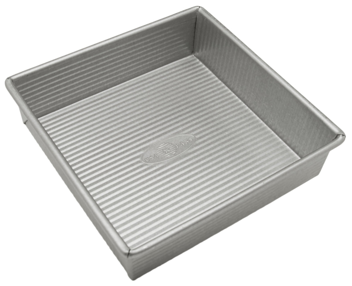 USA Pan square 8-inch cake pan top view highlighting even browning potential