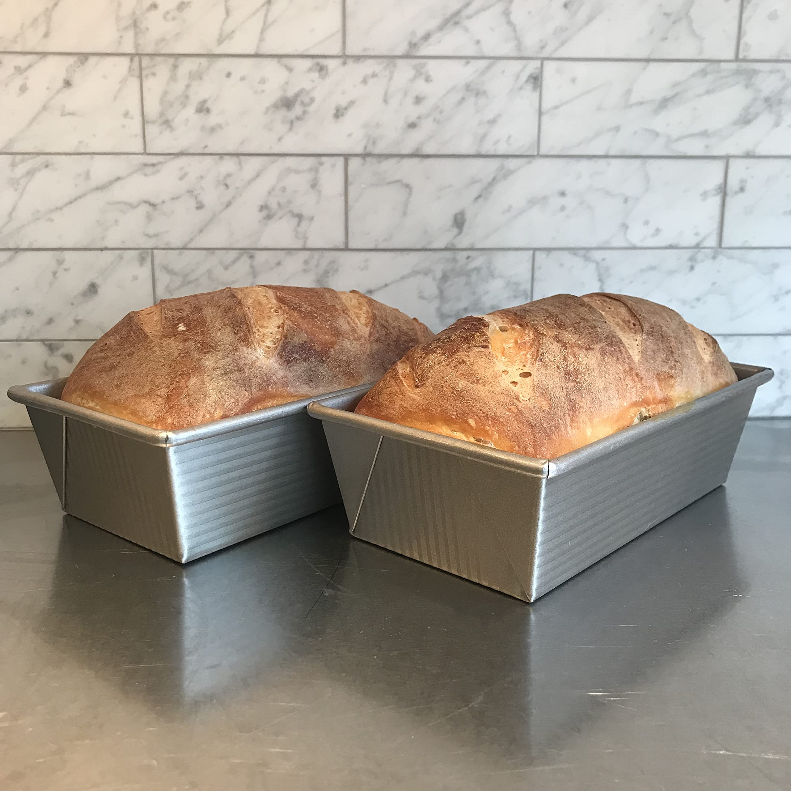USA Pan loaf pan with aluminized steel construction for even heat and durability.