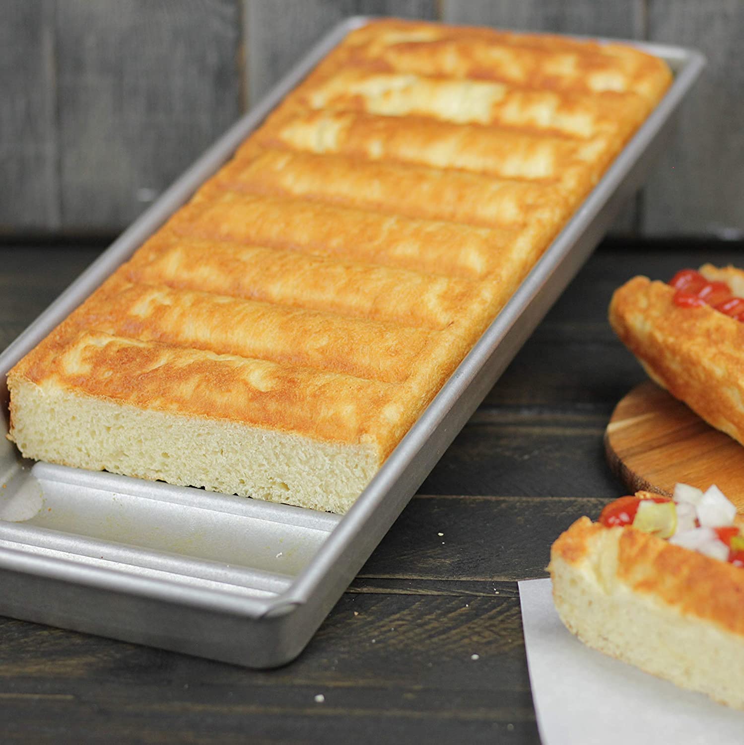 USA Pan New England hot dog bun pan nonstick coating aids easy release.