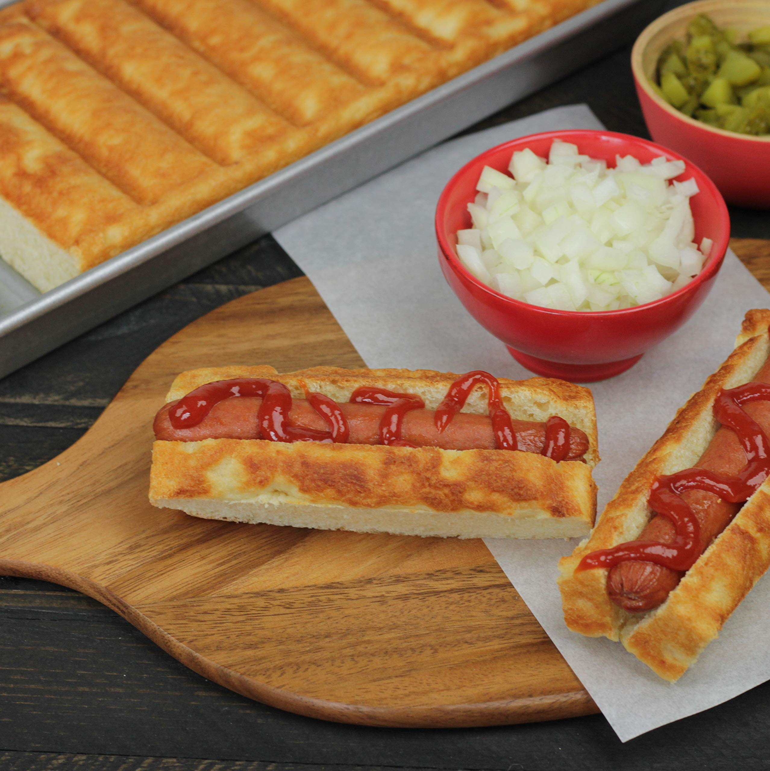 USA Pan New England hot dog bun pan oven safe to 450°F.