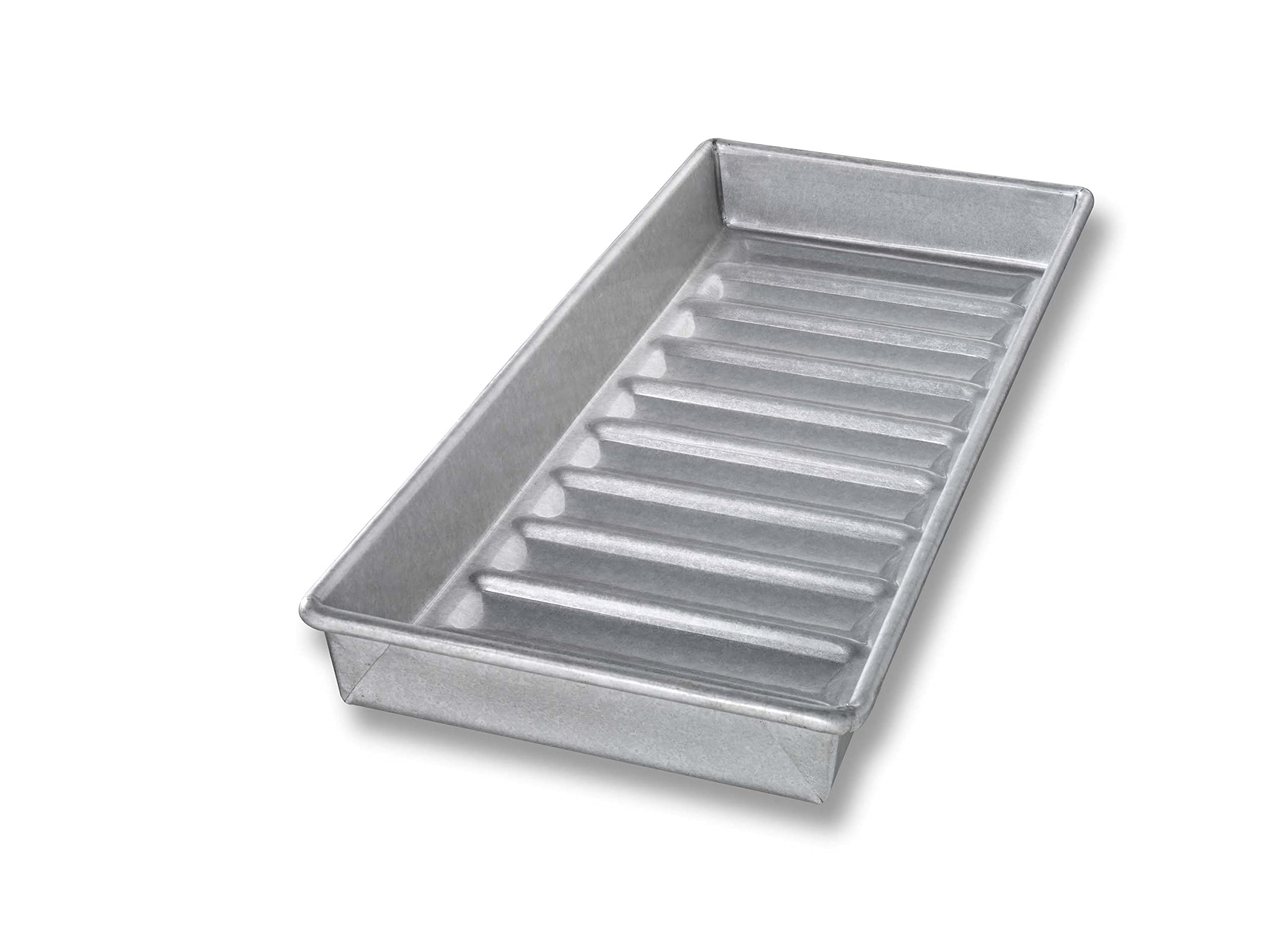 USA Pan New England hot dog bun pan top view for even baking.