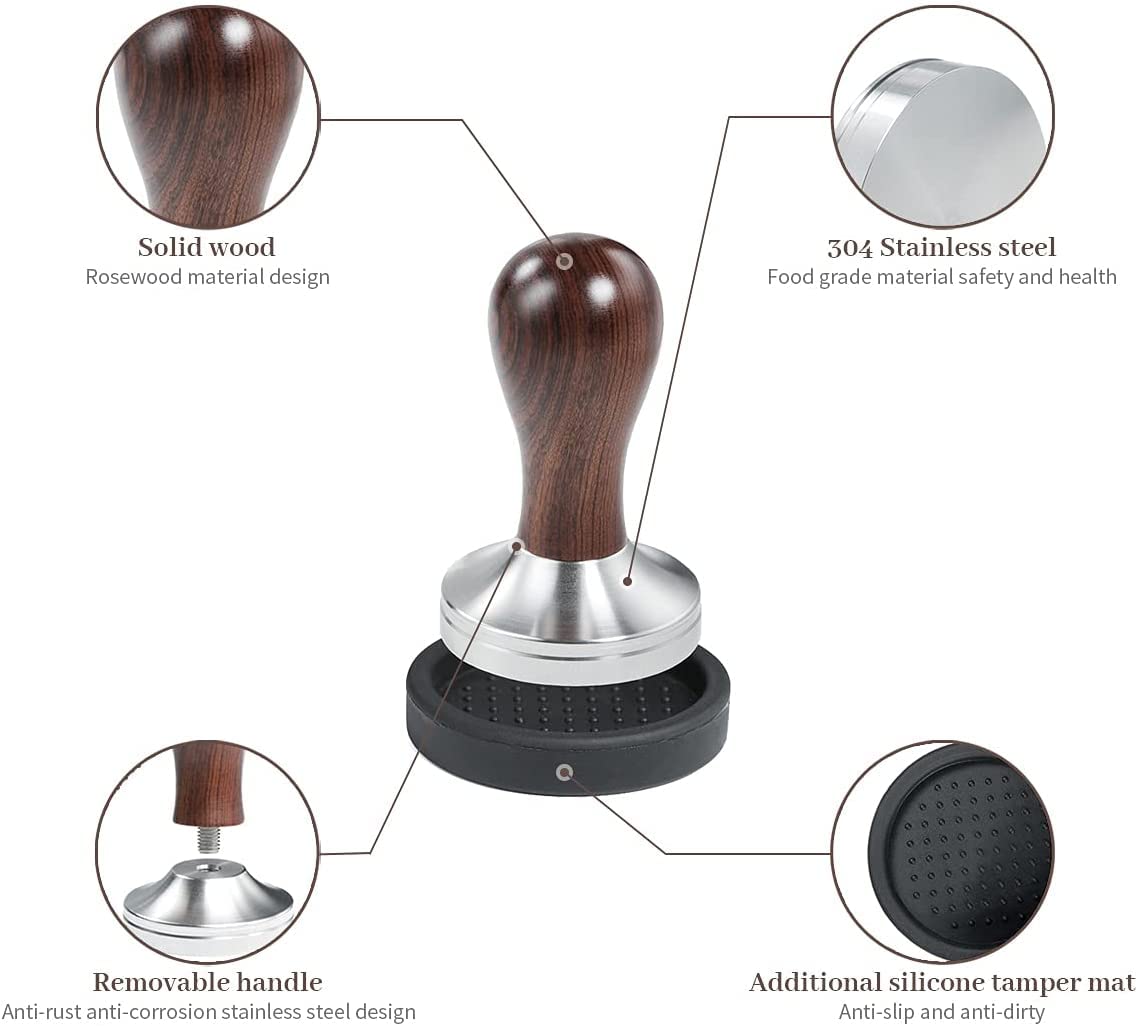 USEAMIE wooden handle close-up shows ergonomic grip for steady tamping.