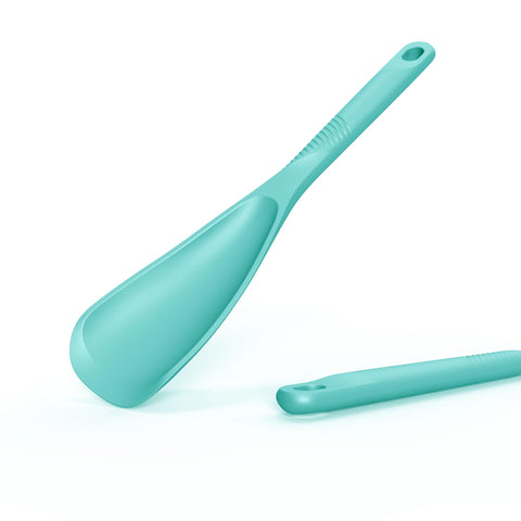 USECANO teal slotted spoon on stove, gentle on nonstick surfaces.
