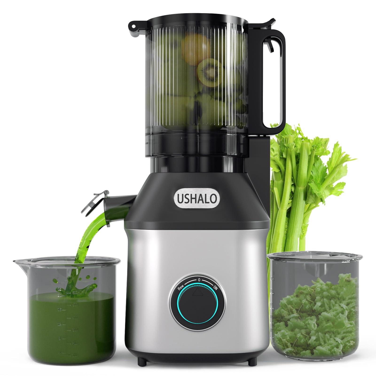 USHALO cold press juicer with 5.5-inch feed chute for whole-fruit juicing convenience