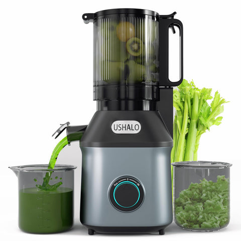 USHALO cold press juicer with 5.5-inch chute for quick whole-fruit prep