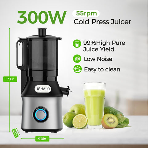 USHALO juicer with a 300W motor delivering steady extraction