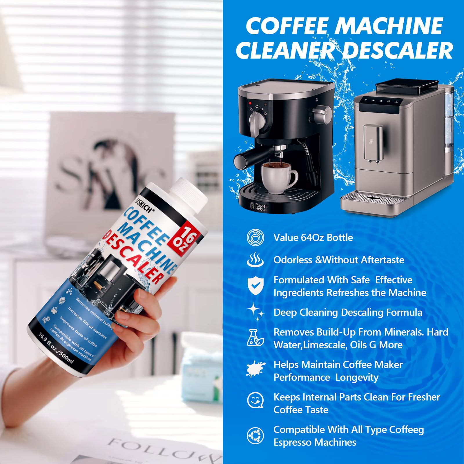 USKICH coffee machine cleaner bottle ready for monthly maintenance