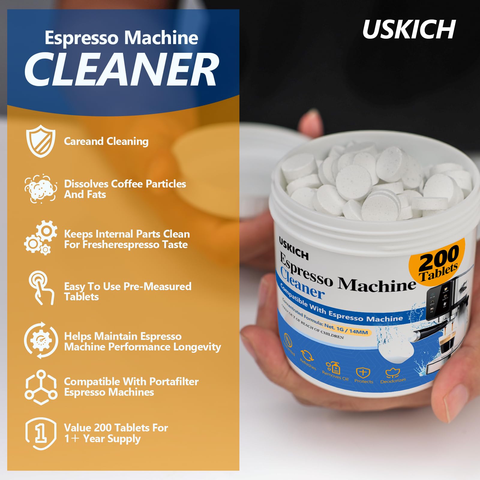 USKICH descaler dissolving coffee oils and mineral buildup during a cycle
