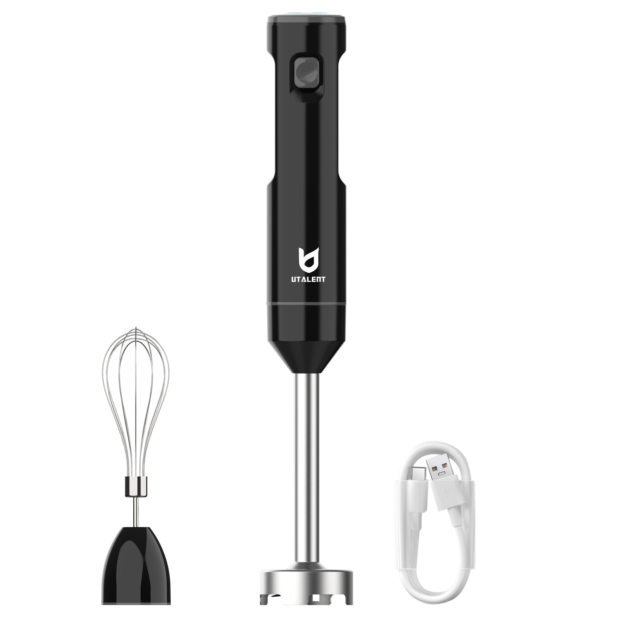 UTALENT cordless hand blender arm with 8-inch blade blends soups smoothly.