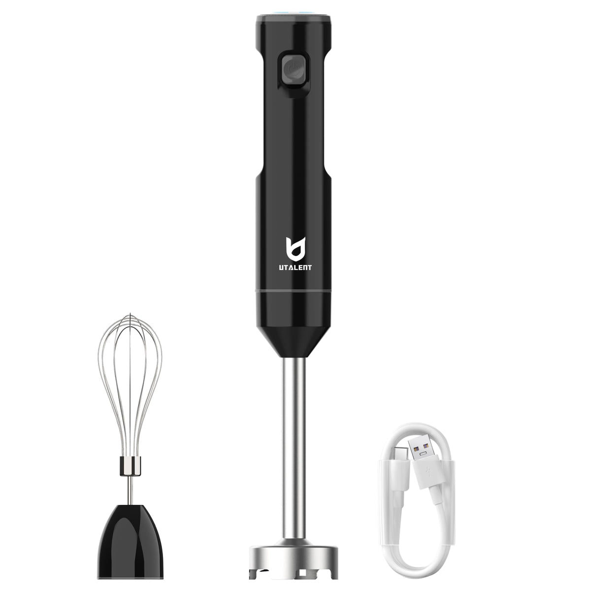UTALENT cordless hand blender arm with 8-inch blade blends soups smoothly.
