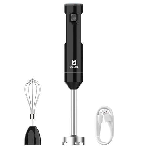 UTALENT cordless hand blender arm with 8-inch blade blends soups smoothly.