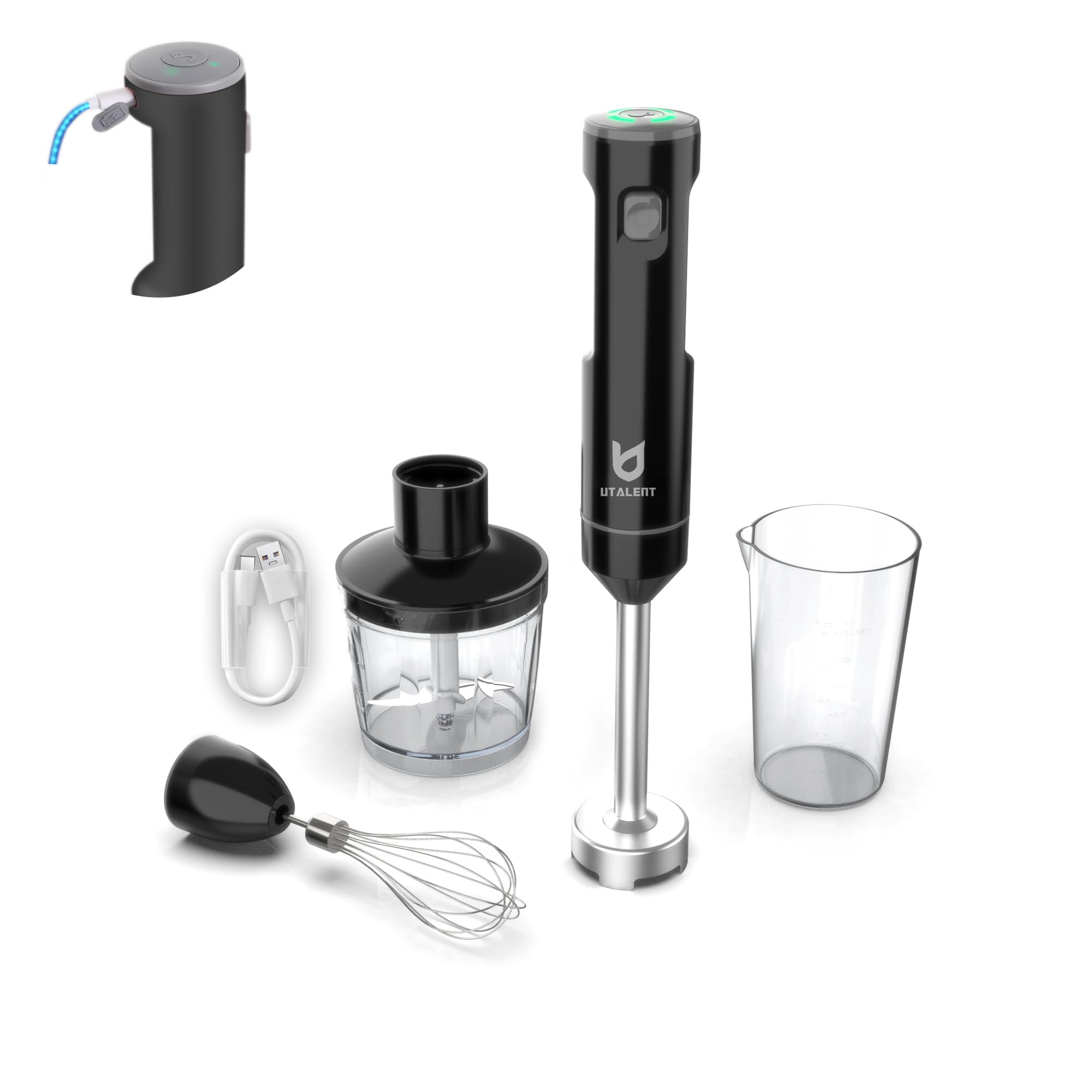 UTALENT cordless hand blender with detachable arm for easy cleaning and versatile blending.