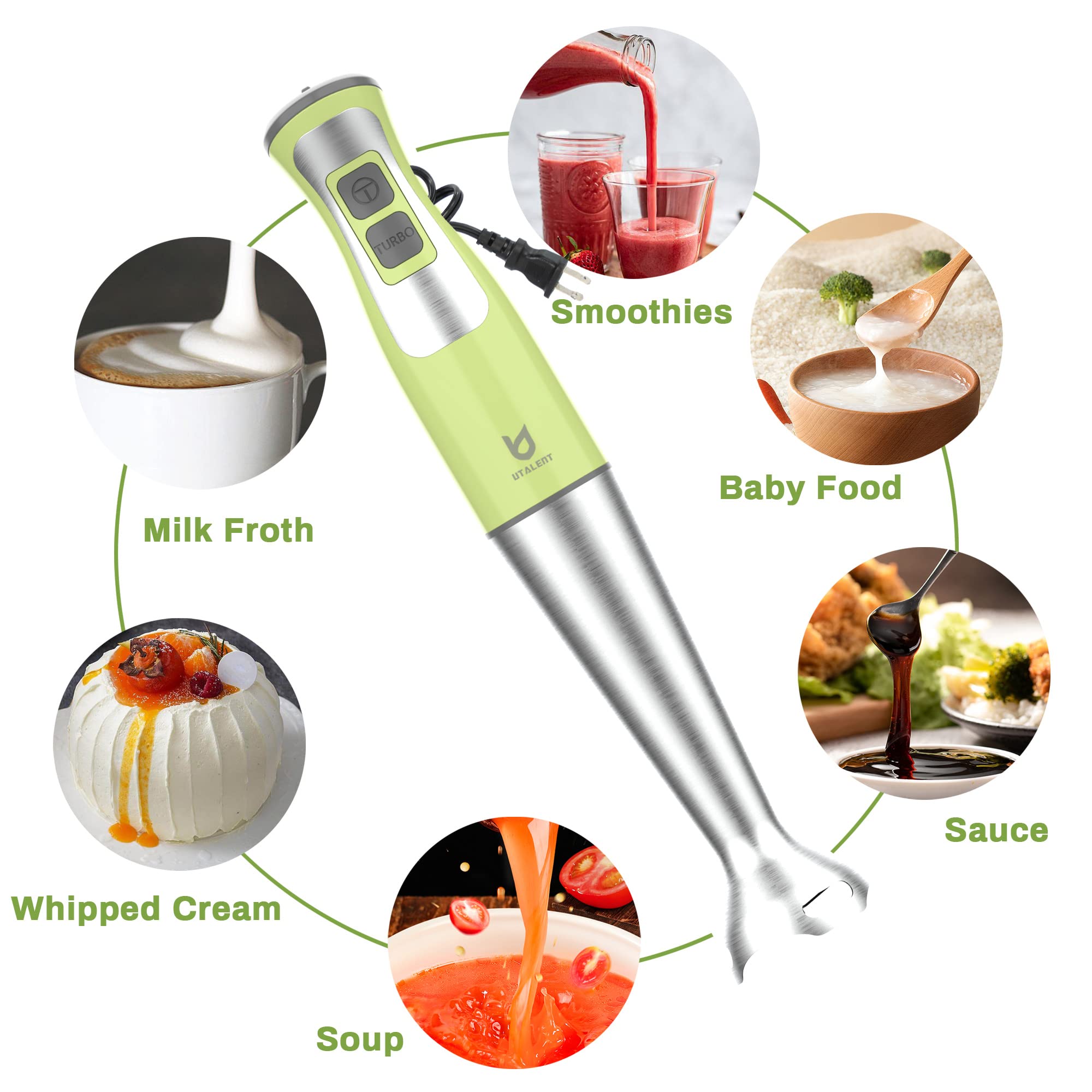 UTALENT stainless steel wand with four blades for even mixing.