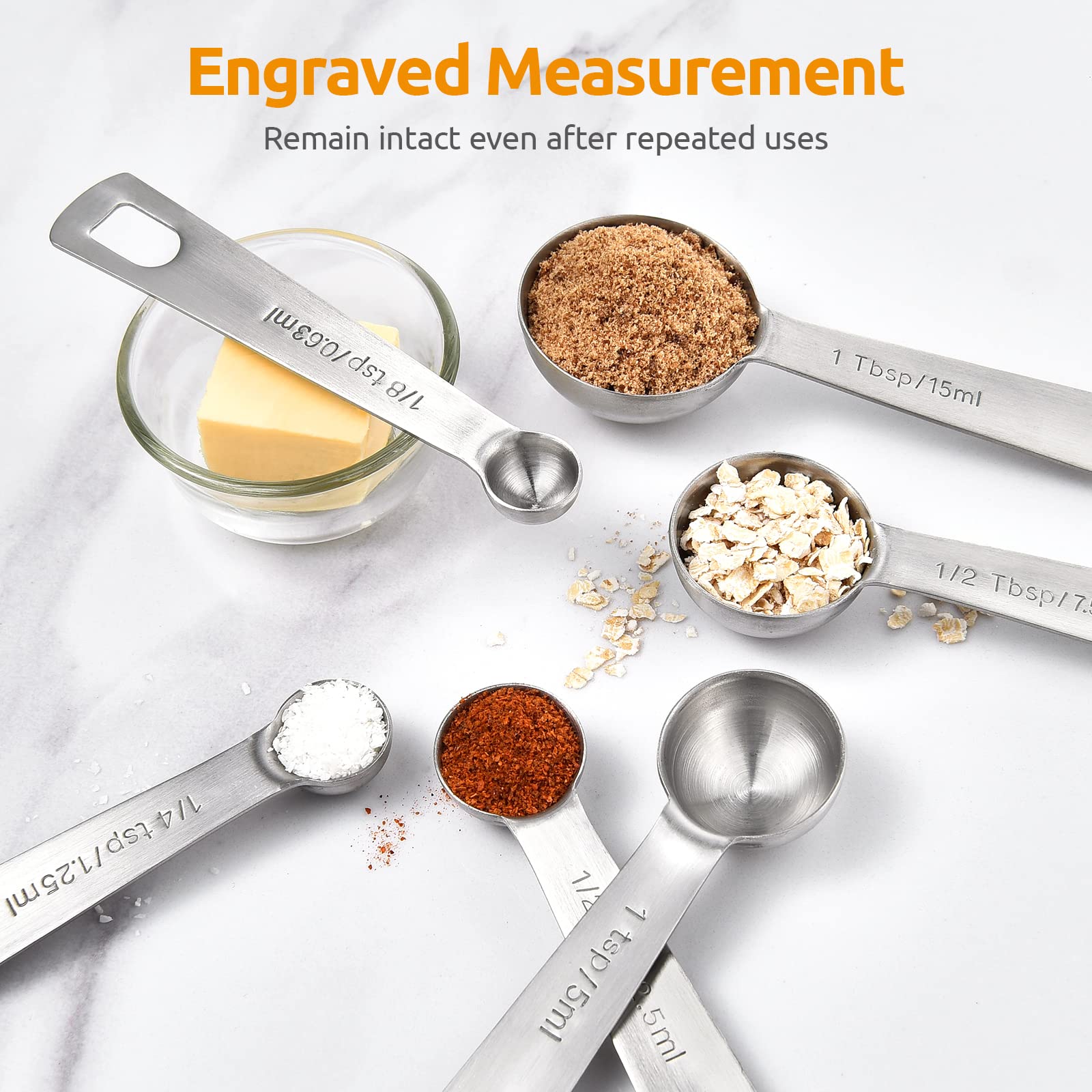 U-Taste measuring spoons feature thick handles for a comfortable grip during scooping.