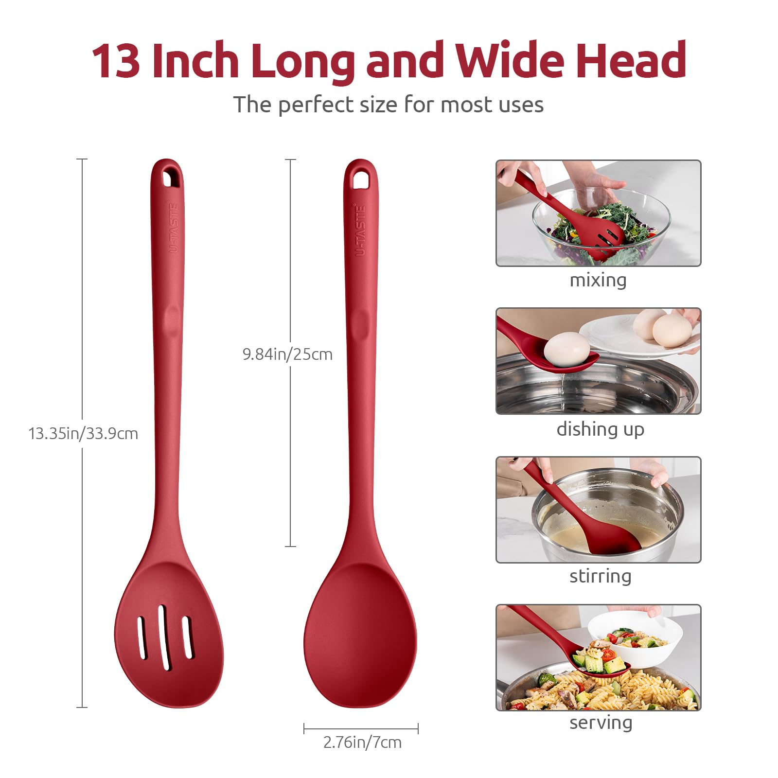 U-Taste red slotted spoon in use, draining liquids efficiently