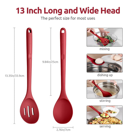 U-Taste red slotted spoon in use, draining liquids efficiently