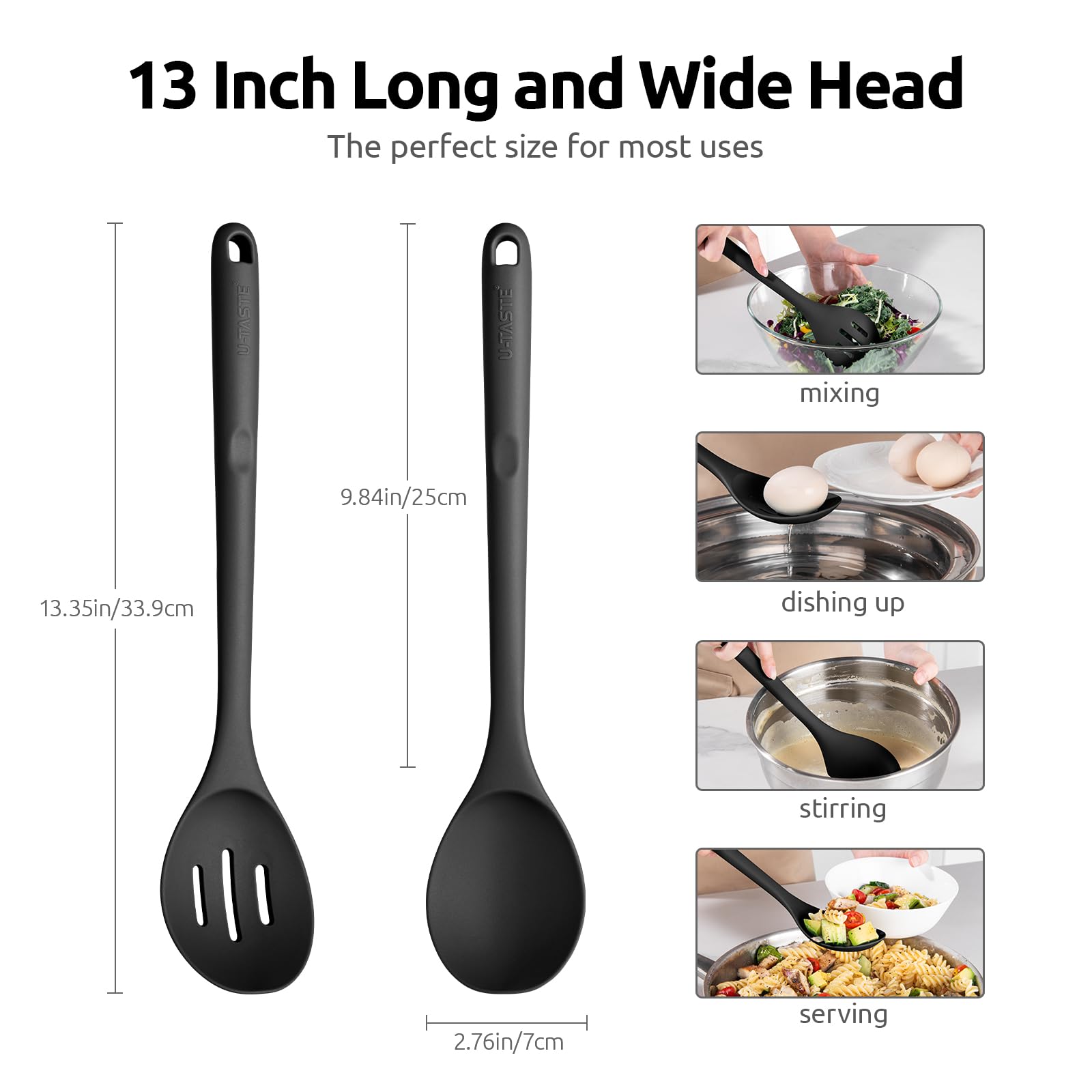 U-Taste 600°F silicone slotted spoon for draining and stirring without scratching nonstick pans.