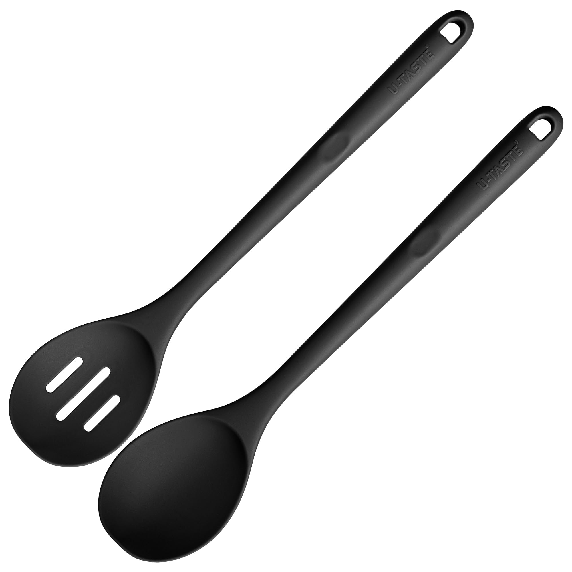 U-Taste solid silicone spoon in black for mixing and serving without scratching nonstick cookware.