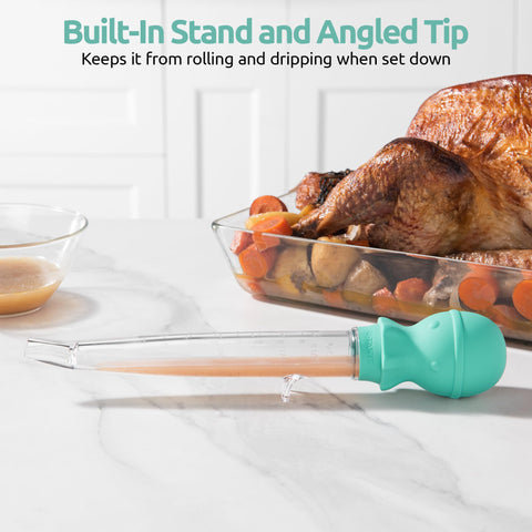 UTaste built-in stand keeps the baster upright on the counter.