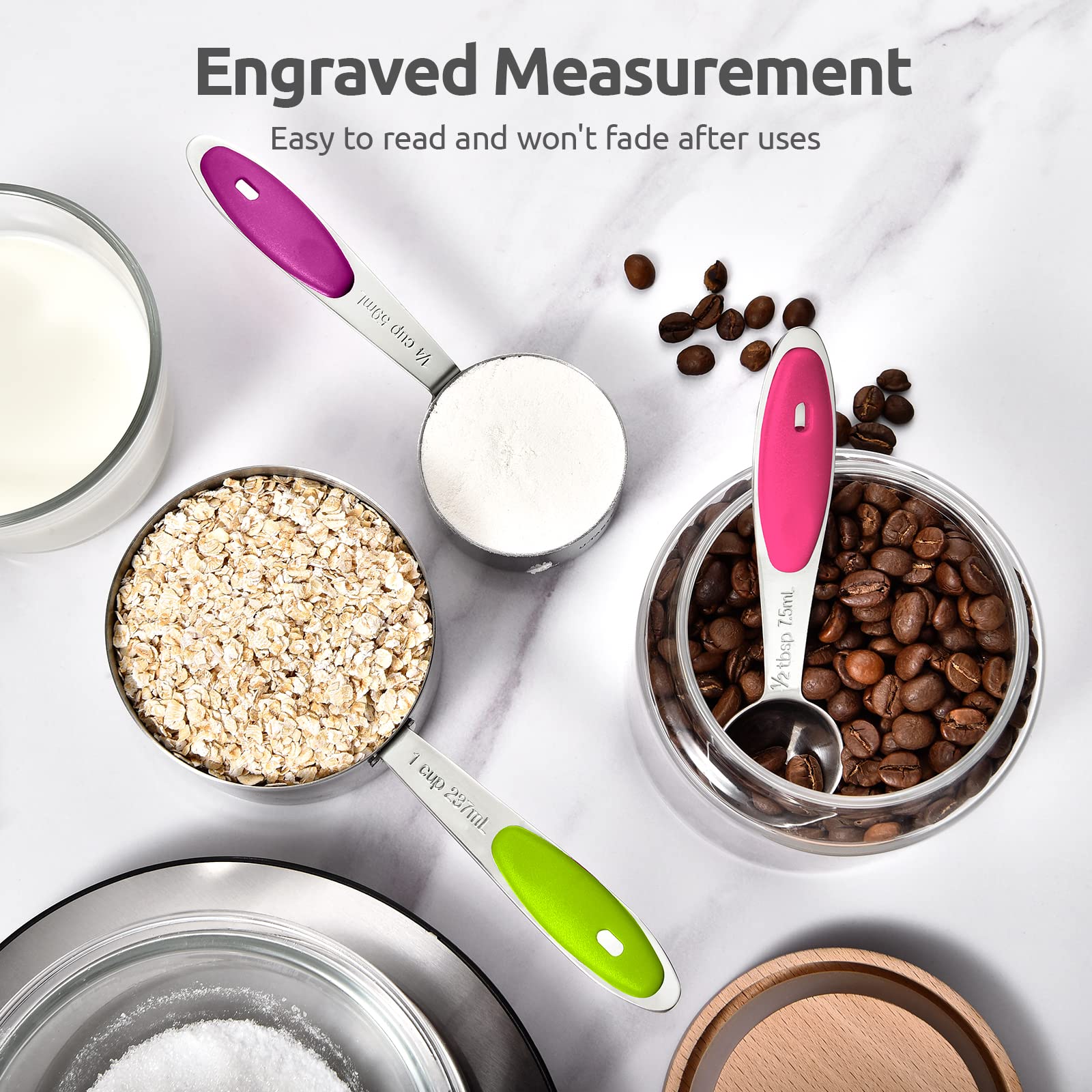 U-Taste measuring cups with colorful handles for quick size identification.