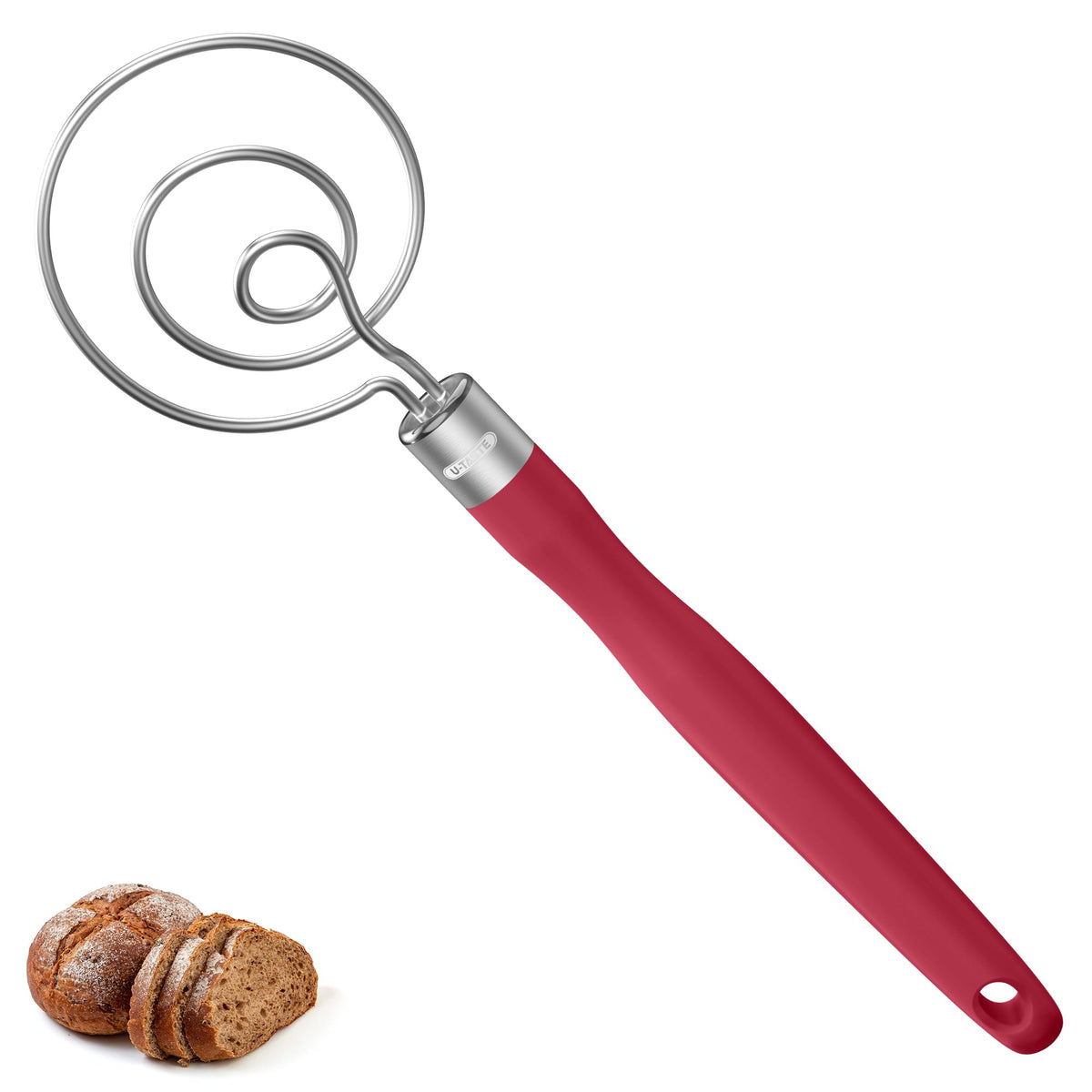 U-Taste Danish Dough Whisk in red for kneading thick doughs with even air