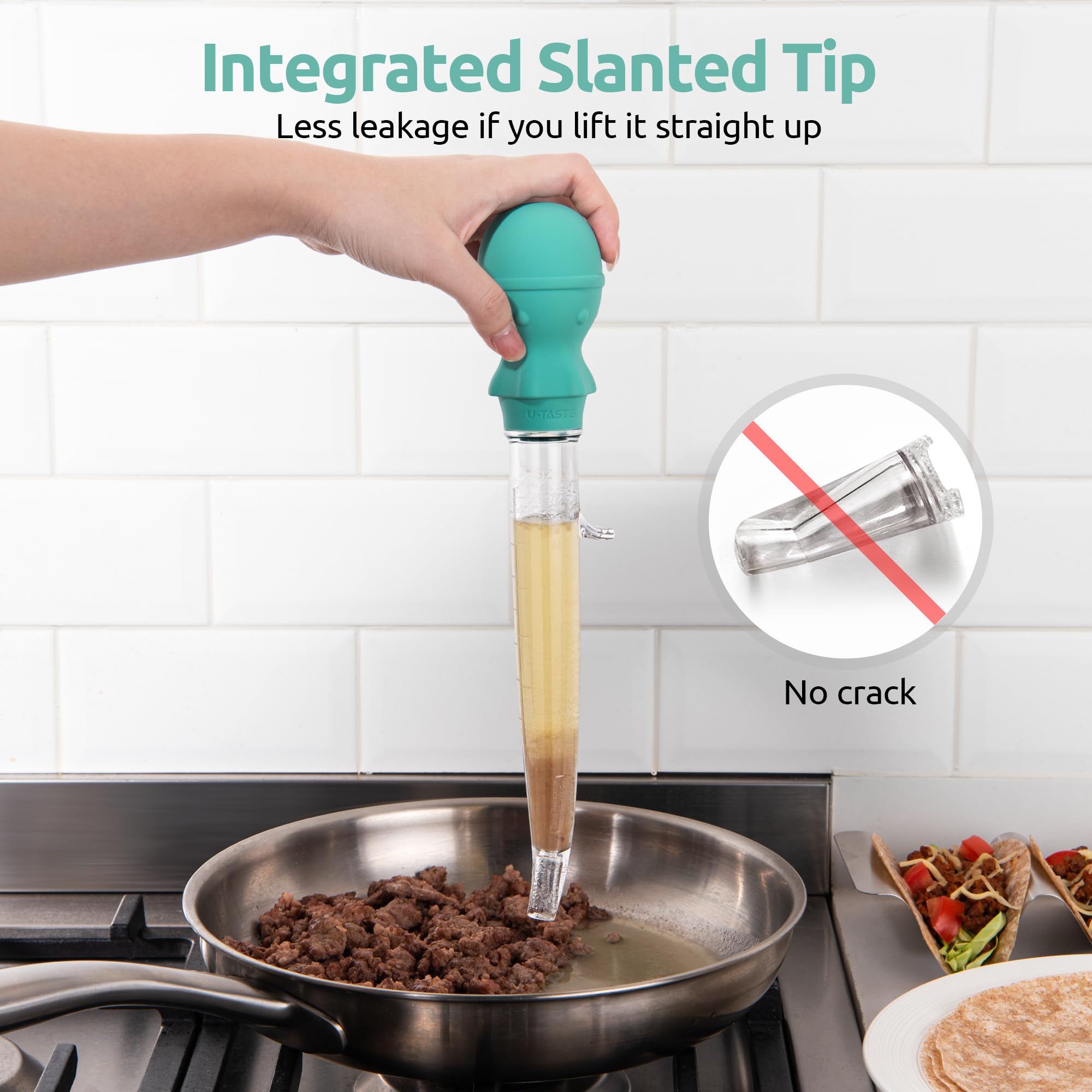 UTaste drip-proof curved tube minimizes drips while basting.