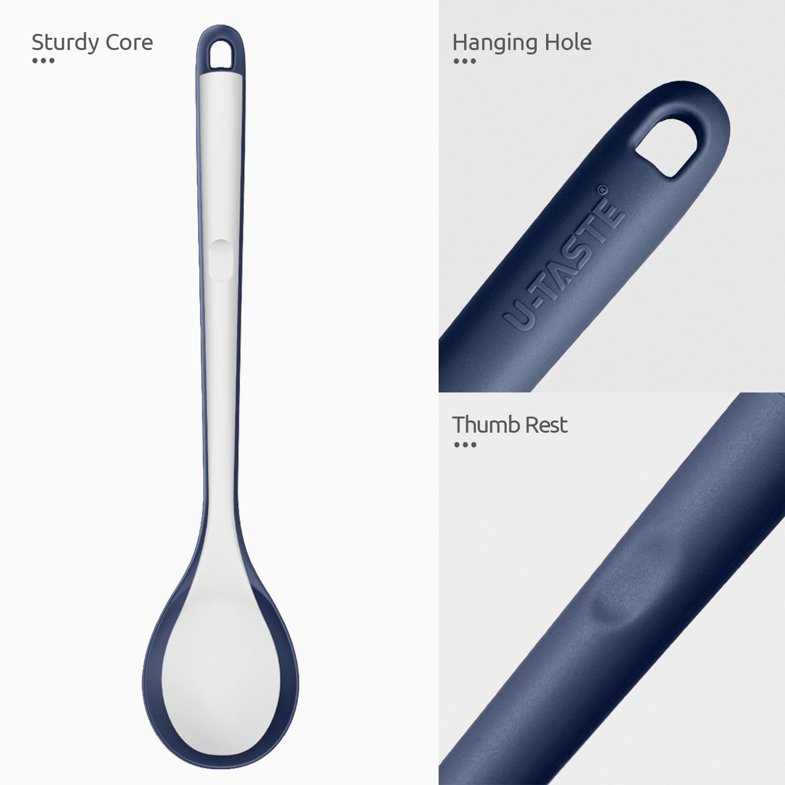 U-Taste flexible-edge spoon with strong inner spine for scraping edges.