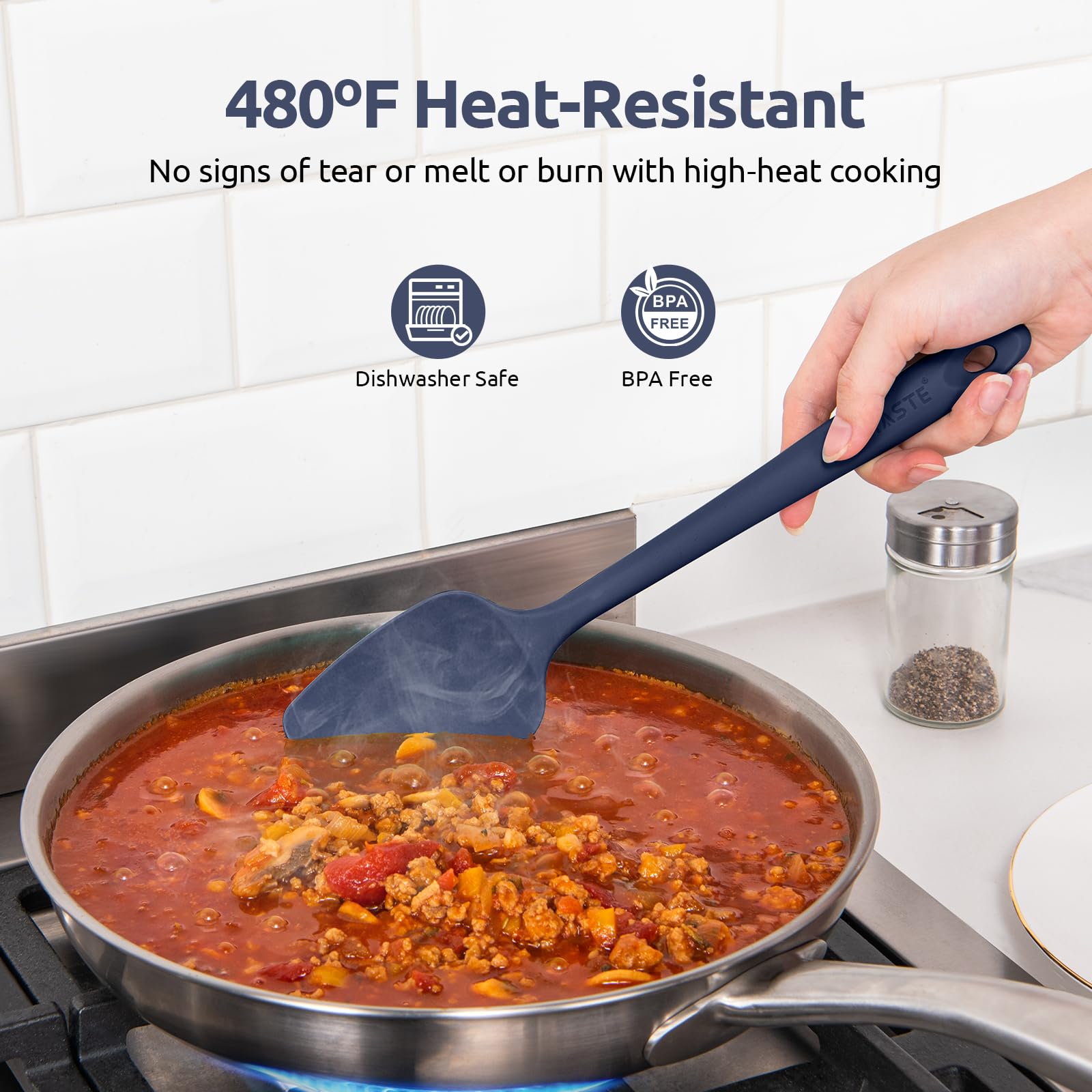 U-Taste food-grade silicone spatula resists heat up to 480°F for safe stirring.