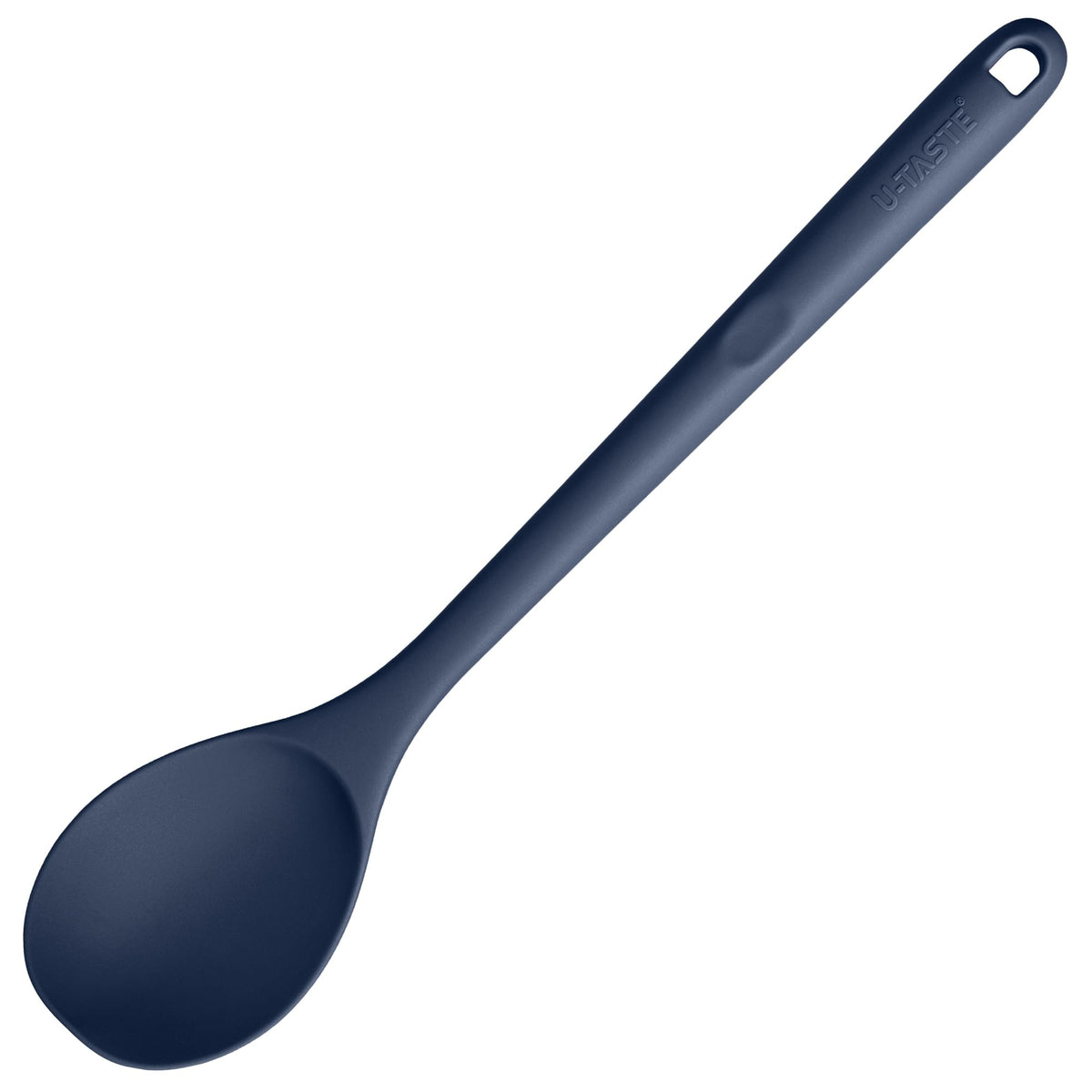 U-Taste heat-resistant silicone spoon in midnight blue handles high heat up to 600°F.