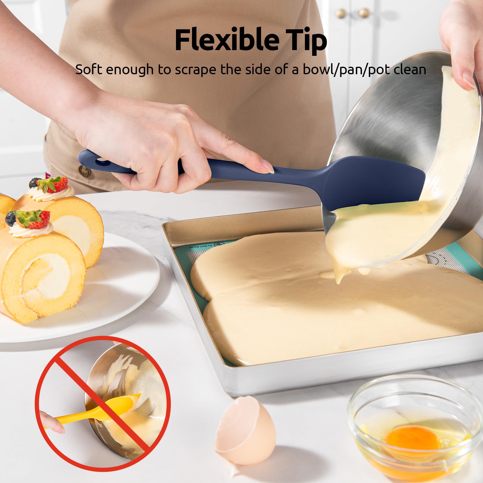 U-Taste spatula demonstrates seamless surface that prevents gunk buildup.