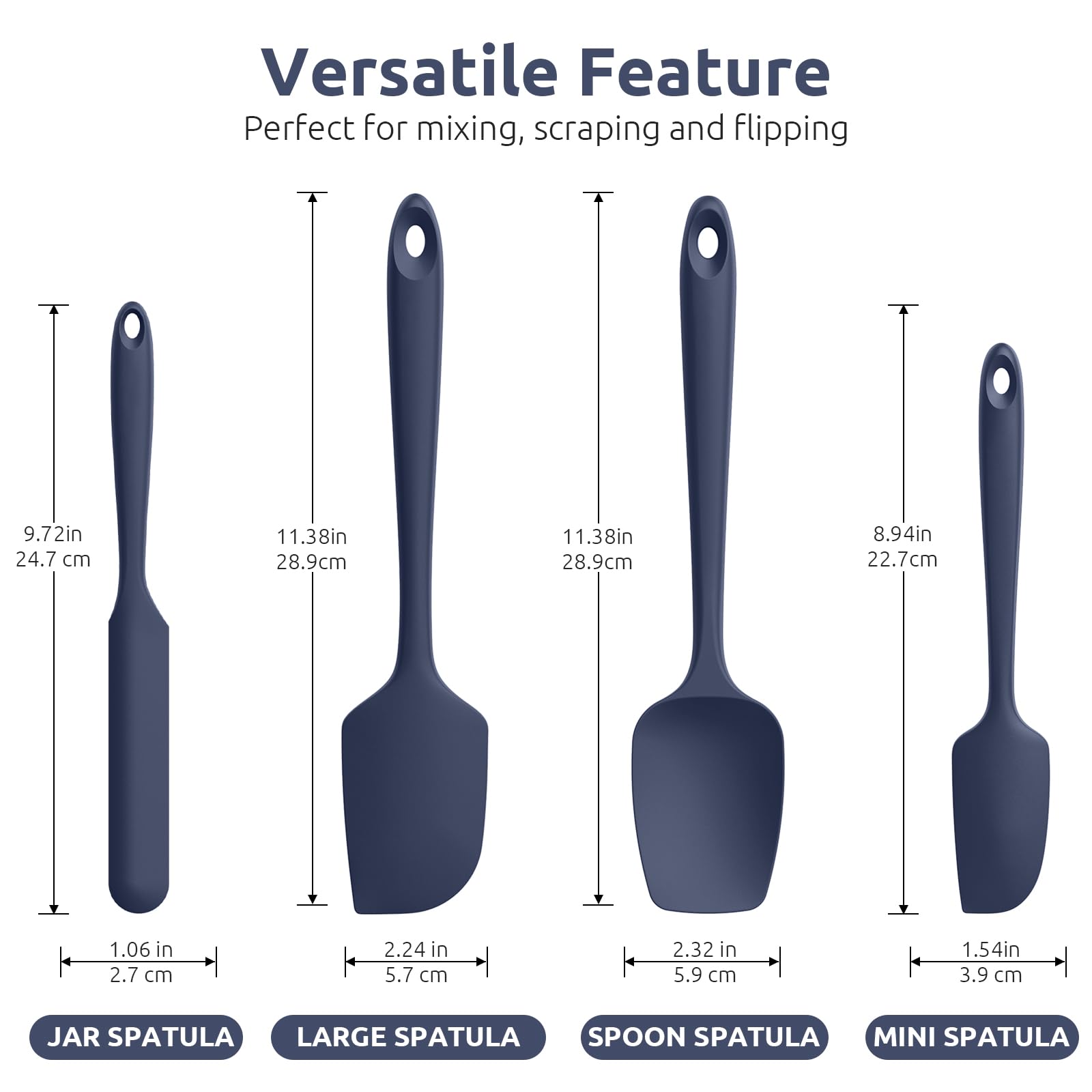 U-Taste midnight blue spatula close-up showing flexible silicone for thorough bowl scraping.