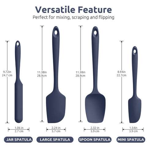 U-Taste midnight blue spatula close-up showing flexible silicone for thorough bowl scraping.
