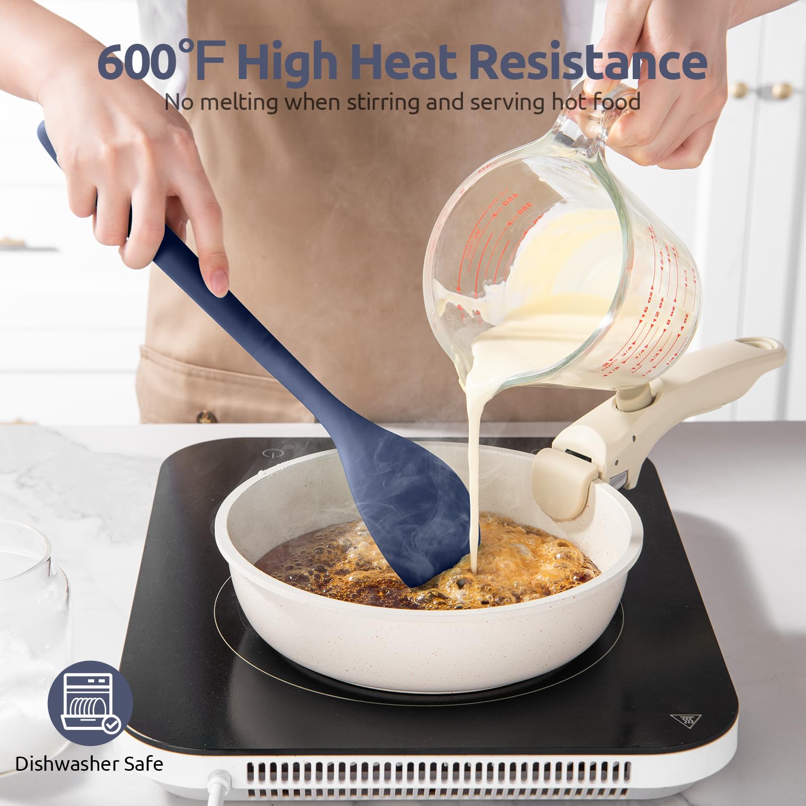 U-Taste long-handle silicone spoon for safe stirring in large pots.