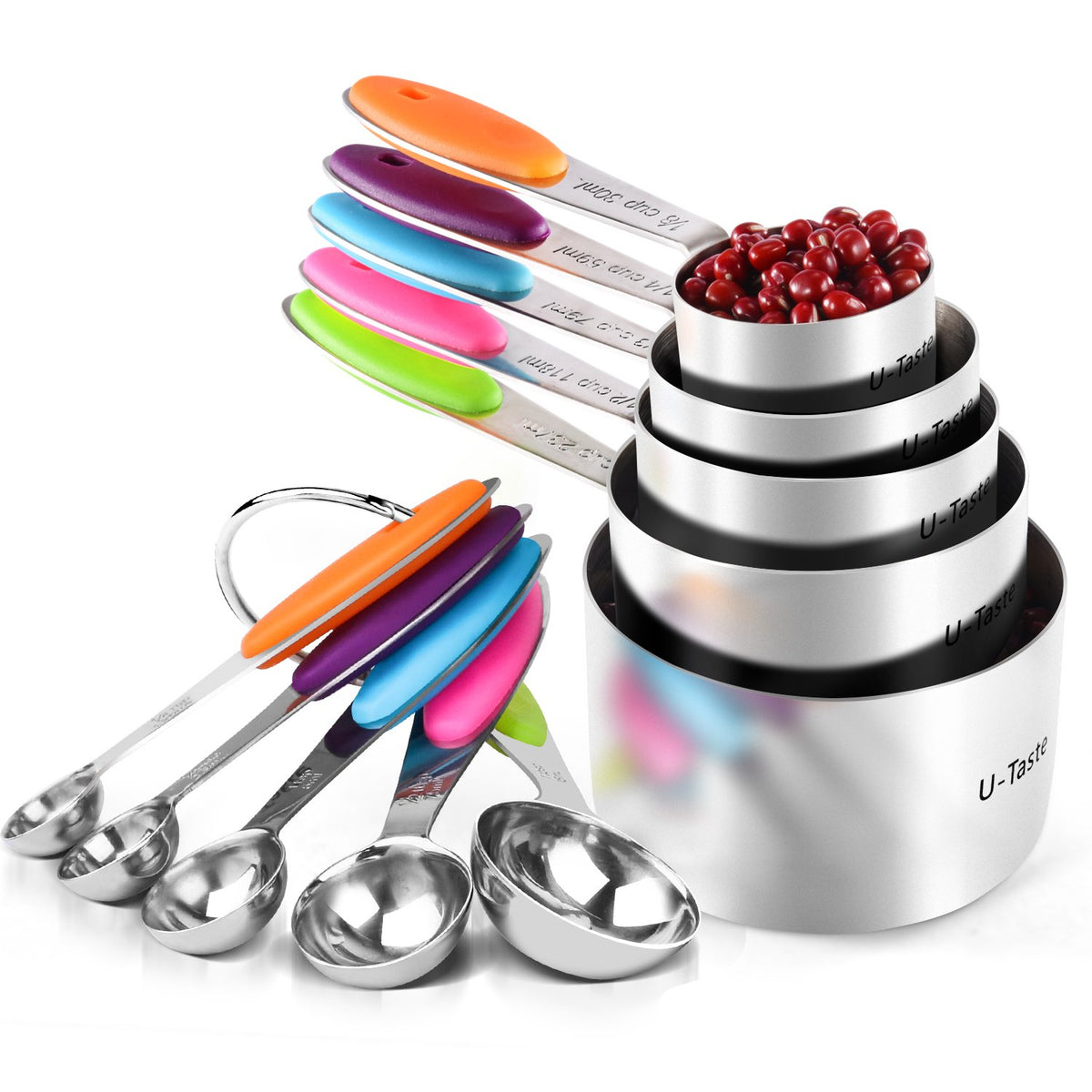U-Taste measuring cups set showing multiple sizes with clear engravings for precise readings.