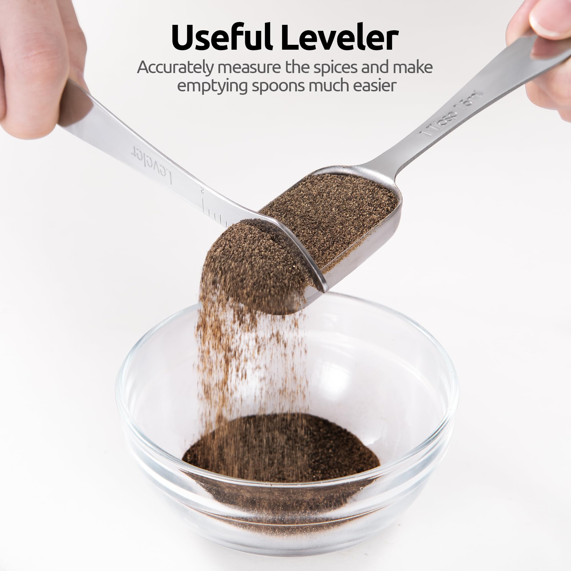 U-Taste measuring spoons displayed in a tidy kitchen for quick access.