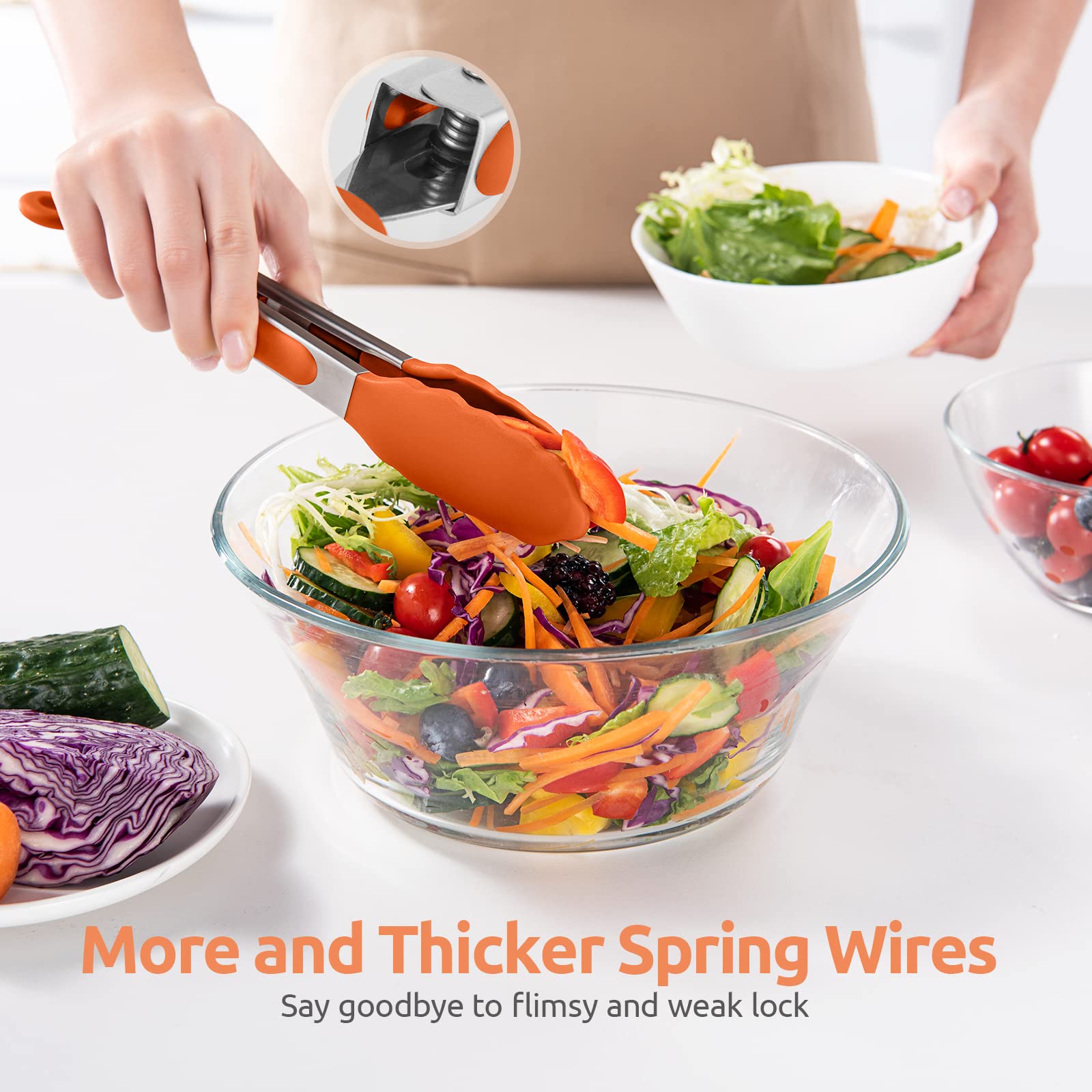 U-Taste orange silicone-coated tong shown in grill use.