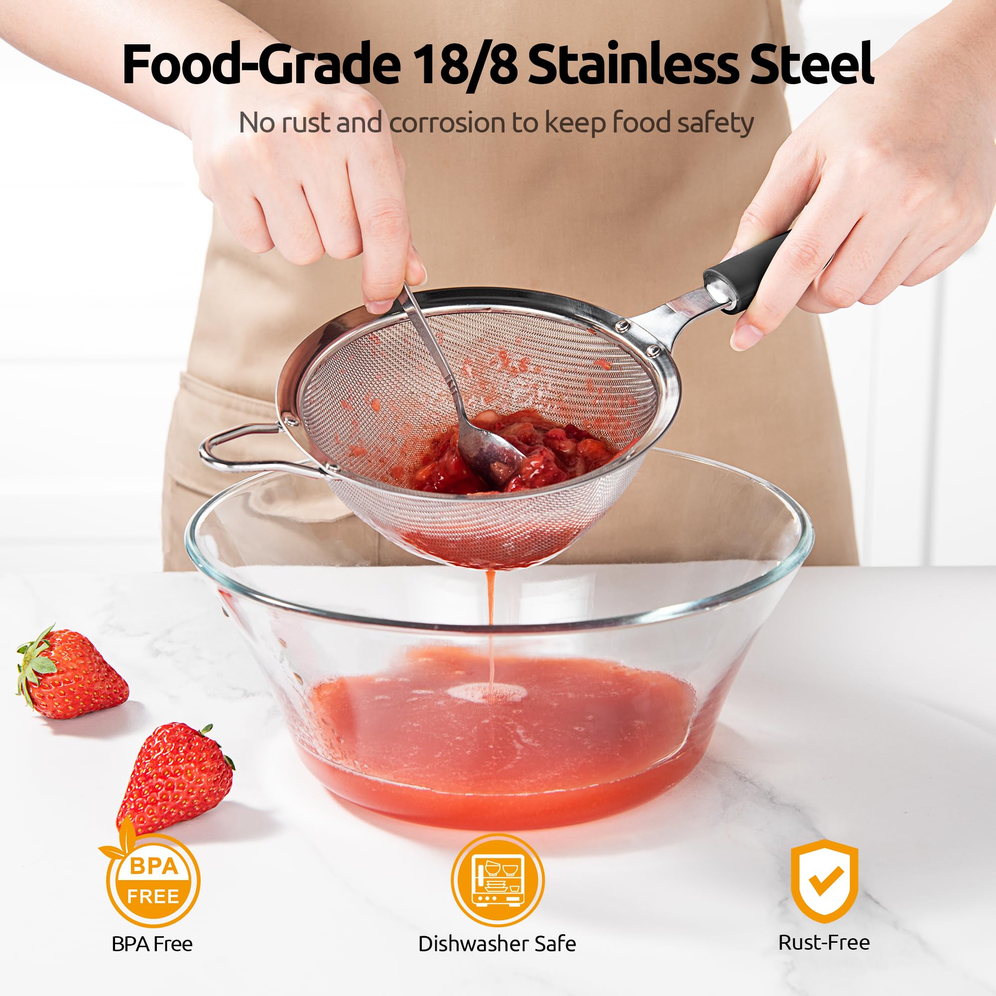 U-Taste riveted-handle strainer with silicone wrap for a firm, comfortable grip