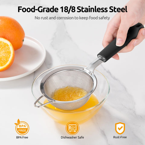 U-Taste riveted silicone handle offers durable, comfortable grip during sifting